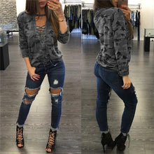 Load image into Gallery viewer, Camouflage Print Women Long Sleeve Slim T Shirt Fashion V Neck Lace up
