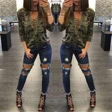 Load image into Gallery viewer, Camouflage Print Women Long Sleeve Slim T Shirt Fashion V Neck Lace up