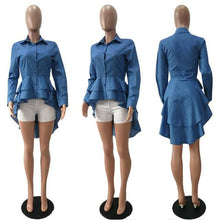 Load image into Gallery viewer, Casual Double Ruffle Hem Denim Long Blouse Asymmetric Blue Turn Down
