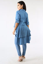 Load image into Gallery viewer, Casual Double Ruffle Hem Denim Long Blouse Asymmetric Blue Turn Down