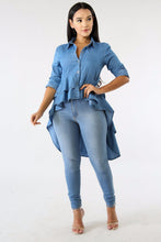 Load image into Gallery viewer, Casual Double Ruffle Hem Denim Long Blouse Asymmetric Blue Turn Down