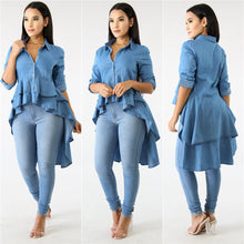 Load image into Gallery viewer, Casual Double Ruffle Hem Denim Long Blouse Asymmetric Blue Turn Down