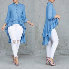 Load image into Gallery viewer, Casual Double Ruffle Hem Denim Long Blouse Asymmetric Blue Turn Down