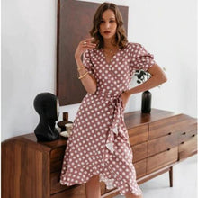 Load image into Gallery viewer, Casual Summer Dress Women Vintage Polka Dot Print Ruffle Sash A line - Sophornlilly