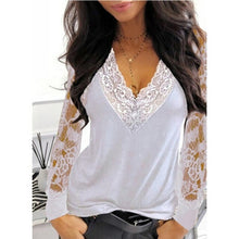 Load image into Gallery viewer, Casual V neck Lace Long Sleeve T shirt