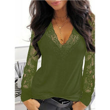 Load image into Gallery viewer, Casual V neck Lace Long Sleeve T shirt