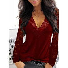 Load image into Gallery viewer, Casual V neck Lace Long Sleeve T shirt