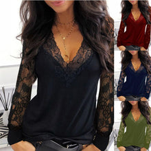 Load image into Gallery viewer, Casual V neck Lace Long Sleeve T shirt