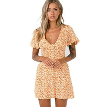 Load image into Gallery viewer, Casual fashion V neck chiffon floral print breasted yellow blue dress - Sophornlilly