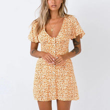 Load image into Gallery viewer, Casual fashion V neck chiffon floral print breasted yellow blue dress - Sophornlilly
