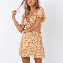 Load image into Gallery viewer, Casual fashion V neck chiffon floral print breasted yellow blue dress - Sophornlilly