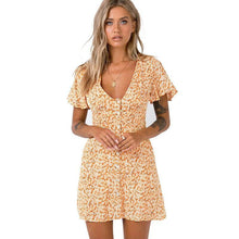 Load image into Gallery viewer, Casual fashion V neck chiffon floral print breasted yellow blue dress - Sophornlilly