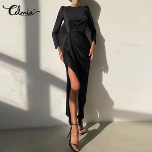 Celmia Sexy Bodycon Dress Women Elegant Satin Belted Maxi Vestidos