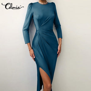 Celmia Sexy Bodycon Dress Women Elegant Satin Belted Maxi Vestidos