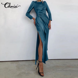 Celmia Sexy Bodycon Dress Women Elegant Satin Belted Maxi Vestidos