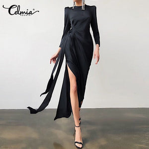 Celmia Sexy Bodycon Dress Women Elegant Satin Belted Maxi Vestidos