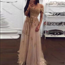 Load image into Gallery viewer, Champagne Lace Beaded Arabic Evening Dresses Off The Shoulder A Line