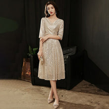 Load image into Gallery viewer, Champagne Sexy Deep V Neck Evening Dress Half Sleeves A Line Tea