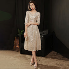 Load image into Gallery viewer, Champagne Sexy Deep V Neck Evening Dress Half Sleeves A Line Tea