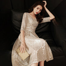 Load image into Gallery viewer, Champagne Sexy Deep V Neck Evening Dress Half Sleeves A Line Tea