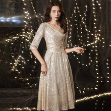 Load image into Gallery viewer, Champagne Sexy Deep V Neck Evening Dress Half Sleeves A Line Tea
