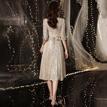 Load image into Gallery viewer, Champagne Sexy Deep V Neck Evening Dress Half Sleeves A Line Tea