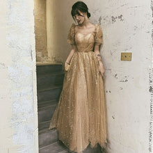 Load image into Gallery viewer, Champagne Sweetheart Collar Puff Sleeve A Line Evening Dress Fashion