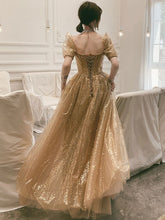 Load image into Gallery viewer, Champagne Sweetheart Collar Puff Sleeve A Line Evening Dress Fashion