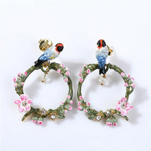 Load image into Gallery viewer, Cherry Blossom Bird Enamel Glaze Pink Peach Blossom Bird Ear Earrings