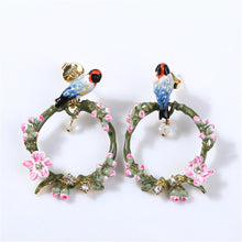 Load image into Gallery viewer, Cherry Blossom Bird Enamel Glaze Pink Peach Blossom Bird Ear Earrings