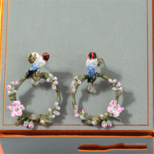 Load image into Gallery viewer, Cherry Blossom Bird Enamel Glaze Pink Peach Blossom Bird Ear Earrings