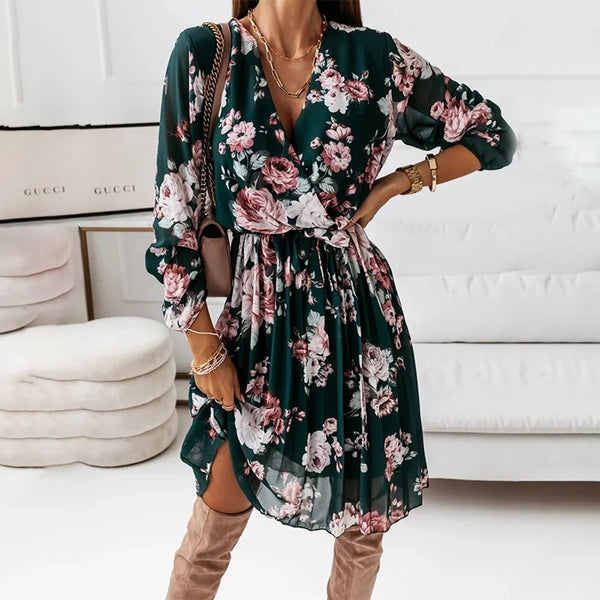 Chiffon Long Sleeve Floral Print Dress Autumn Casual Deep V