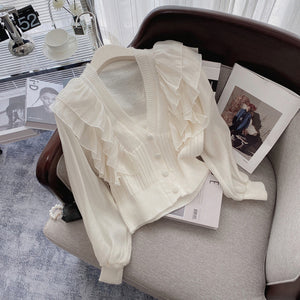 Cardigan Sweater Chic Shirt Ruffled Spring Autumn