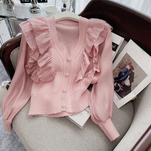 Cardigan Sweater Chic Shirt Ruffled Spring Autumn