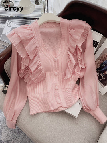 Cardigan Sweater Chic Shirt Ruffled Spring Autumn