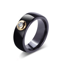 Load image into Gallery viewer, Classic Black White Ceramic Rings with Big CZ Stone Gold Color
