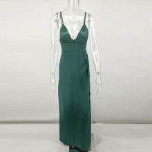 Load image into Gallery viewer, Classic V neck Sexy Slit Satin Dress Spaghetti Strap Long Silk Ladies