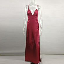 Load image into Gallery viewer, Classic V neck Sexy Slit Satin Dress Spaghetti Strap Long Silk Ladies