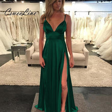 Load image into Gallery viewer, Classic V neck Sexy Slit Satin Dress Spaghetti Strap Long Silk Ladies