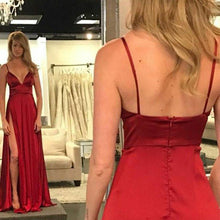 Load image into Gallery viewer, Classic V neck Sexy Slit Satin Dress Spaghetti Strap Long Silk Ladies