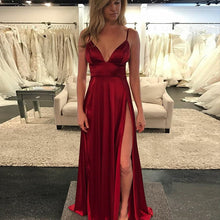 Load image into Gallery viewer, Classic V neck Sexy Slit Satin Dress Spaghetti Strap Long Silk Ladies