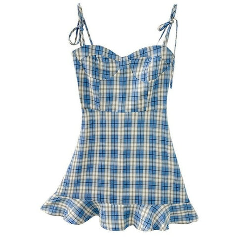 New Mini Dress Retro Blue Plaid Fishtail Skirt French - Sophornlilly