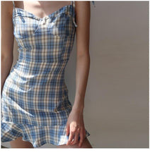 Load image into Gallery viewer, New Mini Dress Retro Blue Plaid Fishtail Skirt French - Sophornlilly