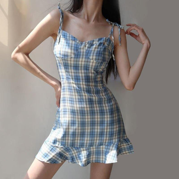 New Mini Dress Retro Blue Plaid Fishtail Skirt French - Sophornlilly