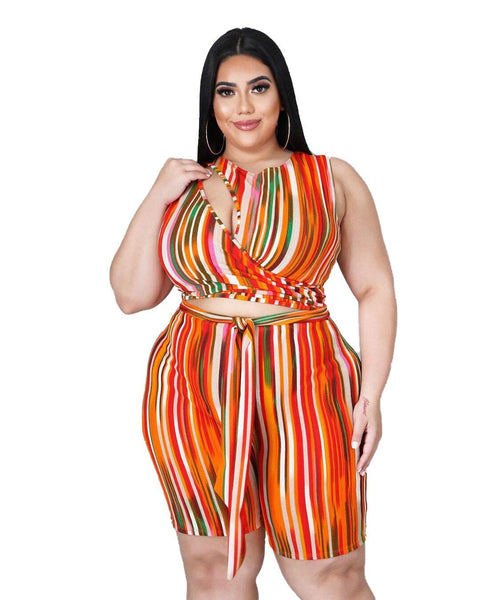 Color Striped Women Plus Size Jumpsuits  Summer New O neck - Sophornlilly