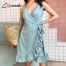Load image into Gallery viewer, Spring summer ruffled strap dress woman Green boho polka