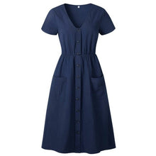 Load image into Gallery viewer, Cotton Linen Women Summer Dress Casual V neck Button Pocket Short - Sophornlilly