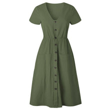 Load image into Gallery viewer, Cotton Linen Women Summer Dress Casual V neck Button Pocket Short - Sophornlilly