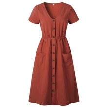 Load image into Gallery viewer, Cotton Linen Women Summer Dress Casual V neck Button Pocket Short - Sophornlilly
