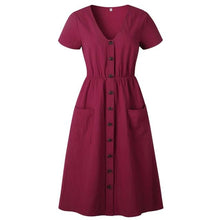 Load image into Gallery viewer, Cotton Linen Women Summer Dress Casual V neck Button Pocket Short - Sophornlilly